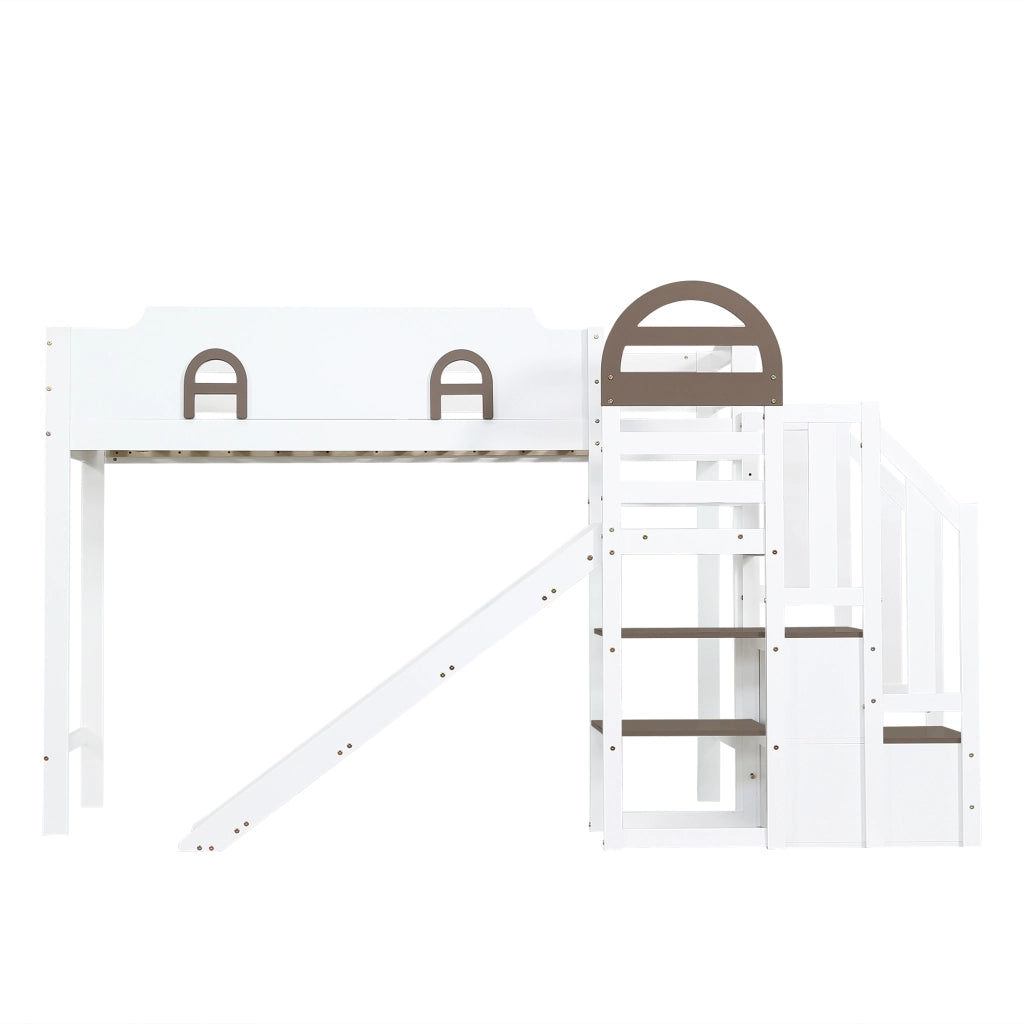 Letto a castello per bambini; 90x200cm; con scivolo; scale; 2 armadietti; bianco e marrone