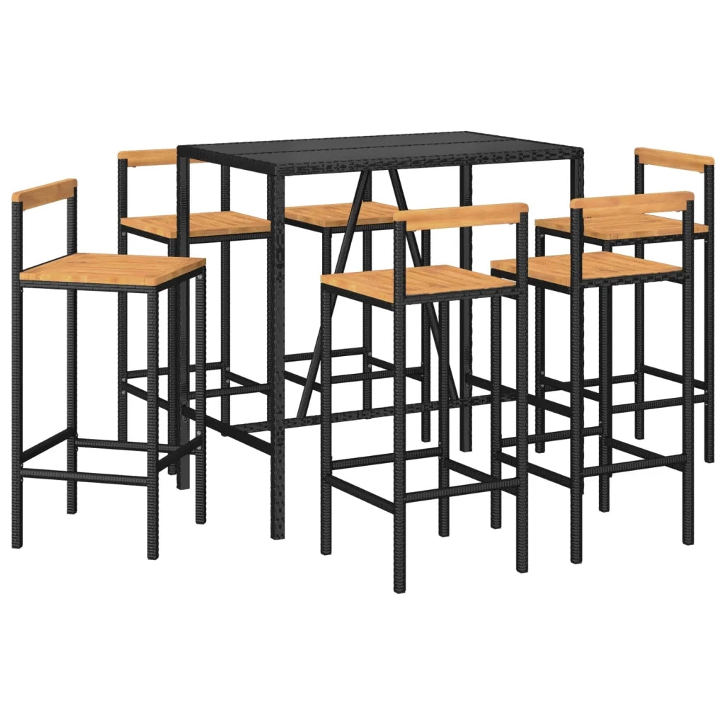 Set Bar Giardino 7 pz Nero Polyrattan e Legno Massello Acacia