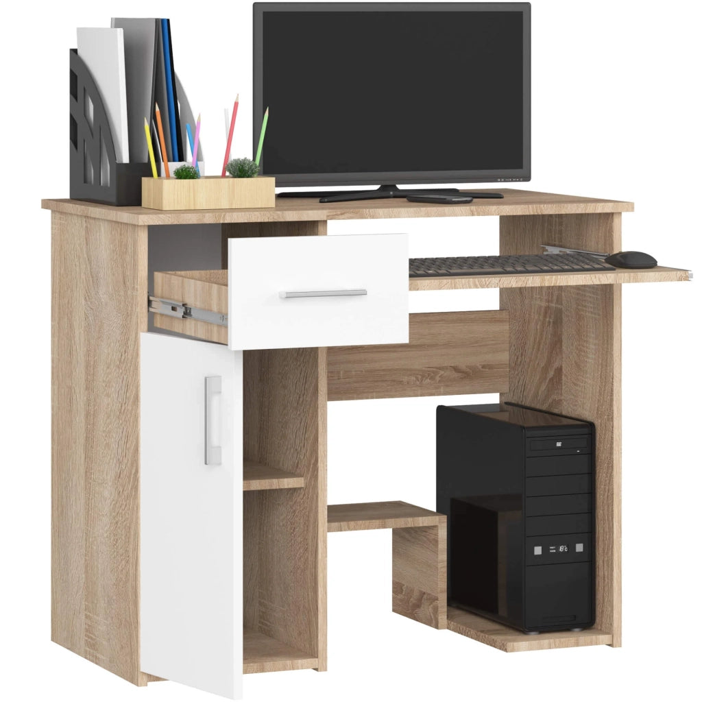 Scrivania per computer AKORD JAY Sonoma Quercia 90 cm 1 anta 1 cassetto inserto frontale Bianco 90x50x74 cm
