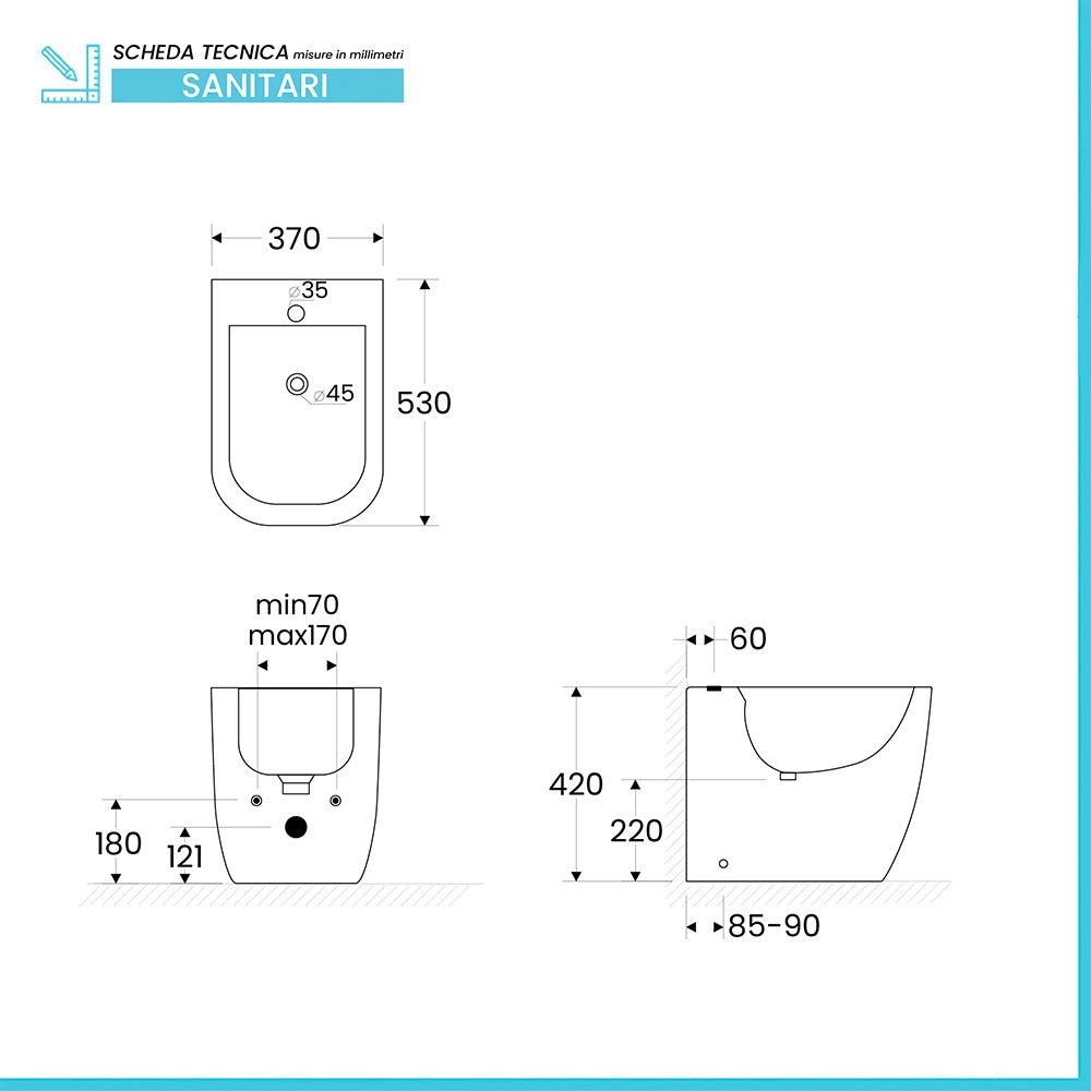 Sanitari filomuro in ceramica bianco design quadrato con copriwc e scarico rimless Kayra