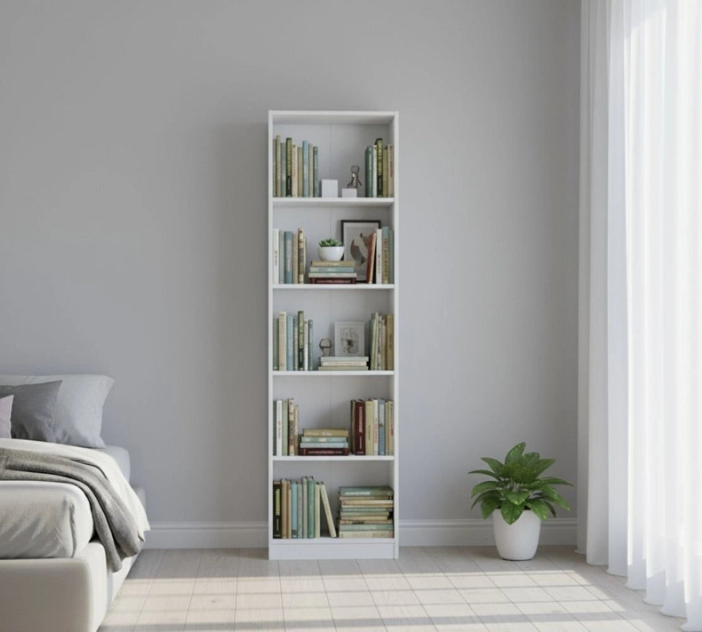 Libreria Artico, Mobile portalibri alta a 5 ripiani, Scaffale da ufficio o cameretta, Scaffale moderno con scomparti, cm 52x25h80, Bianco