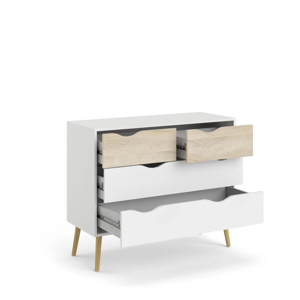 Cassettiera a quattro Azir, colore bianco e rovere, Misure 98 x 81 x 39 cm