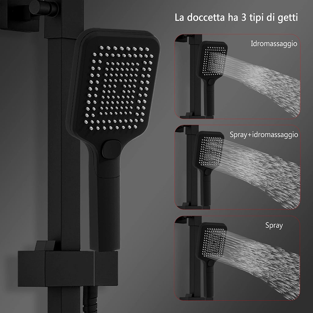 Grande soffione doccia 30x30cm con miscelatore termostatico e doccetta a 3 modi di getti, nero