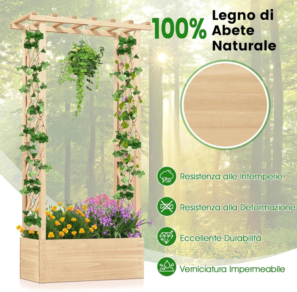Letto da Giardino Rialzato con Traliccio, Fioriera Rialzata in Legno con Tetto Pendente, Fori di Drenaggio per Piante Rampicanti, Fiori e Verdure (Naturale)