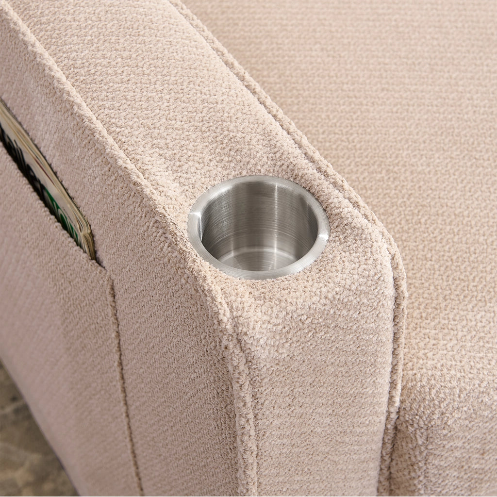 Divano letto 2 posti convertibile con USB e sistema scorrevole in legno e tessuto beige