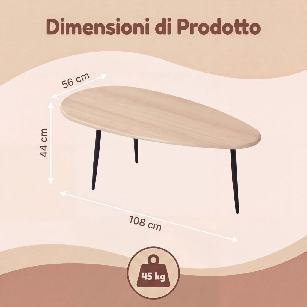 Tavolino da Caffè Mid-Century Moderno, Tavolino d'Accento Ovale Irregolare con Gambe in Metallo, Tavolino Compatto per Soggiorno, Ufficio Domestico, Angolo Lettura, Facile da Montare (Naturale)