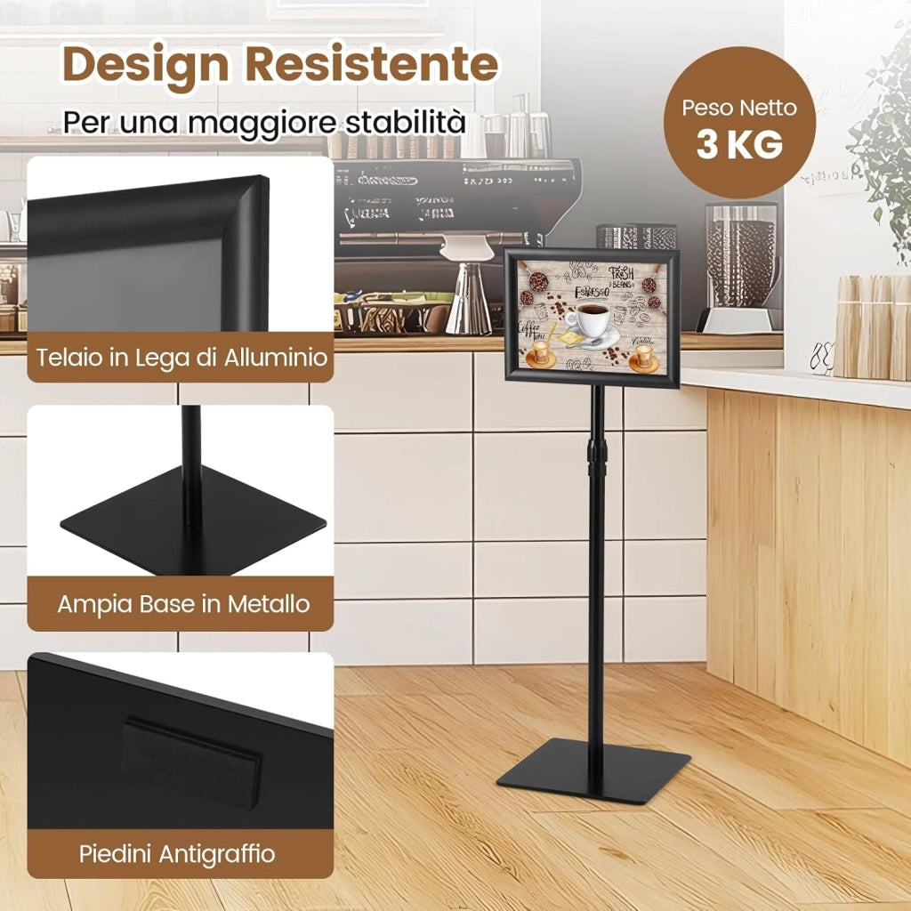 A3 Poster Stand Espositore da Pavimento Supporto Poster Menù per Pubblicità da Terra, Girevole a 360 Gradi, Regolabile in Altezza (A4 Nero x 2)