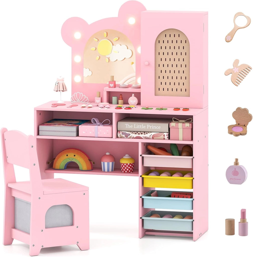 Toeletta per Bambine 3+ Anni, Set Tavolo e Sedia con Luci da Principessa con 5 Cassetti e 2 Scomparti, Armadietto con Porta e Scaffale Aperto, Ideale per Cameretta Bambina (Bianco)