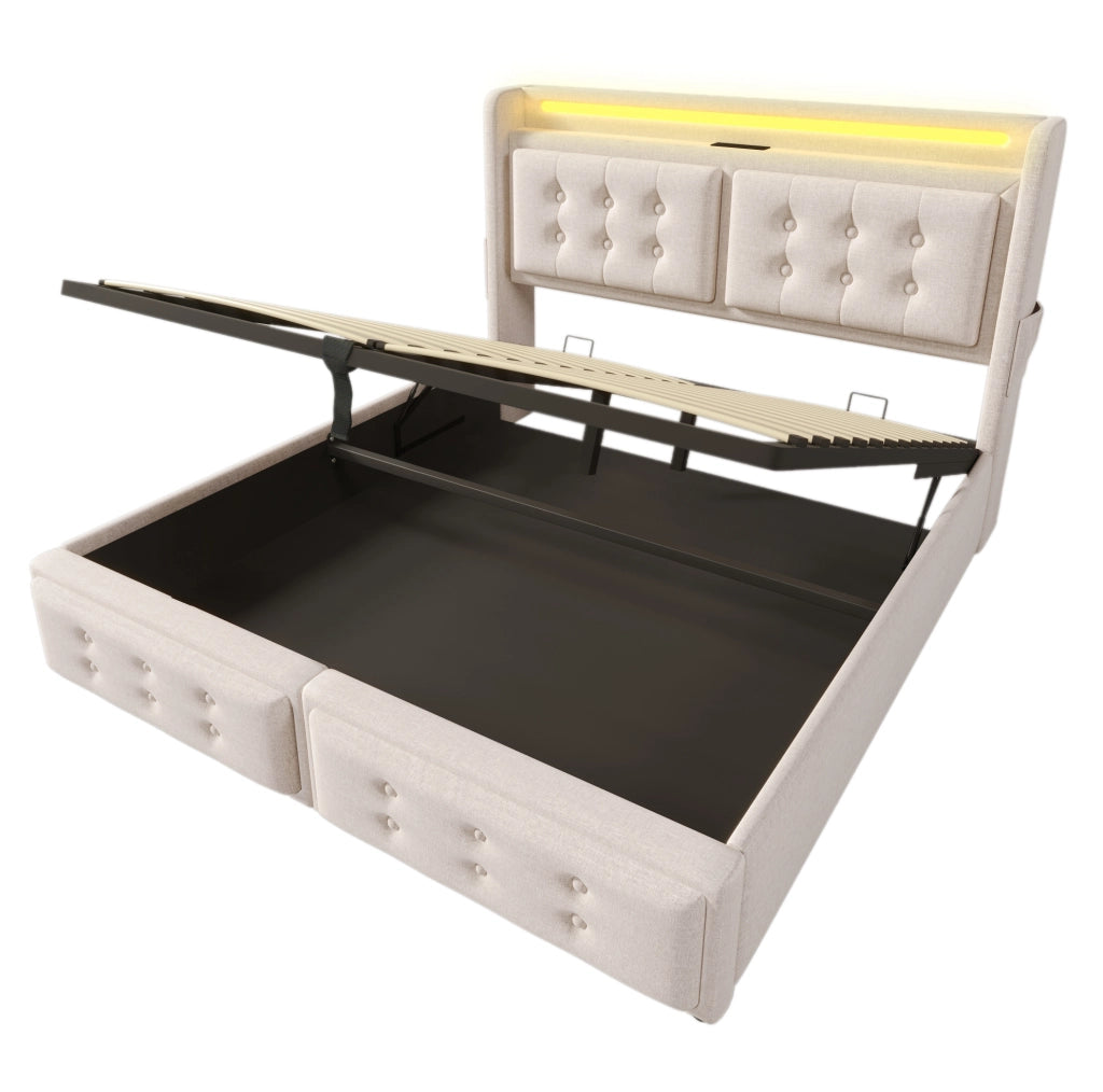 Letto matrimoniale 140x200 cm con contenitore; LED; prese e USB-C; tessuto cotone lino beige
