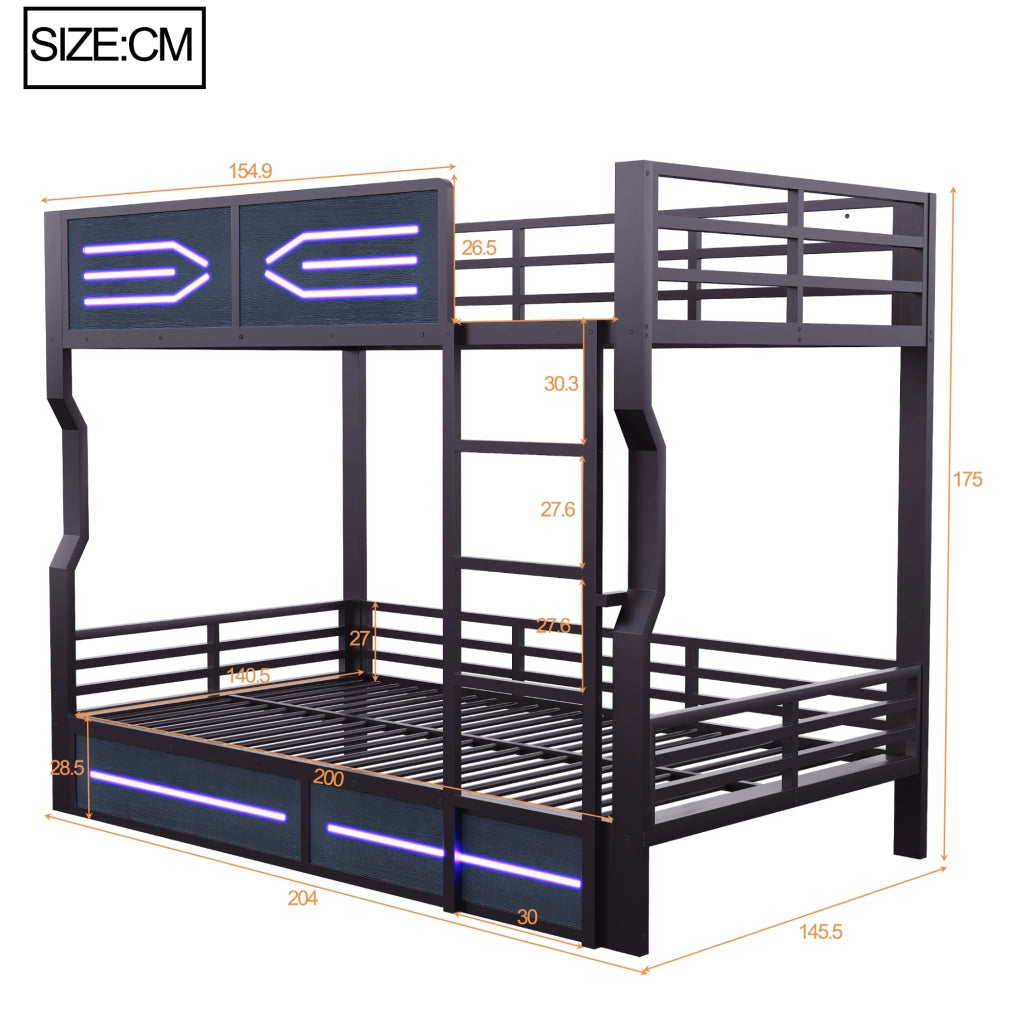 Letto a castello 140×200 cm con LED; scala e sponde di sicurezza; senza materasso; metallo; nero