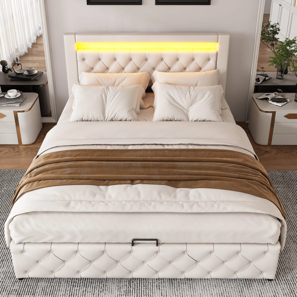 Letto imbottito 160x200 cm; contenitore e LED; PU bianco (Senza materasso)