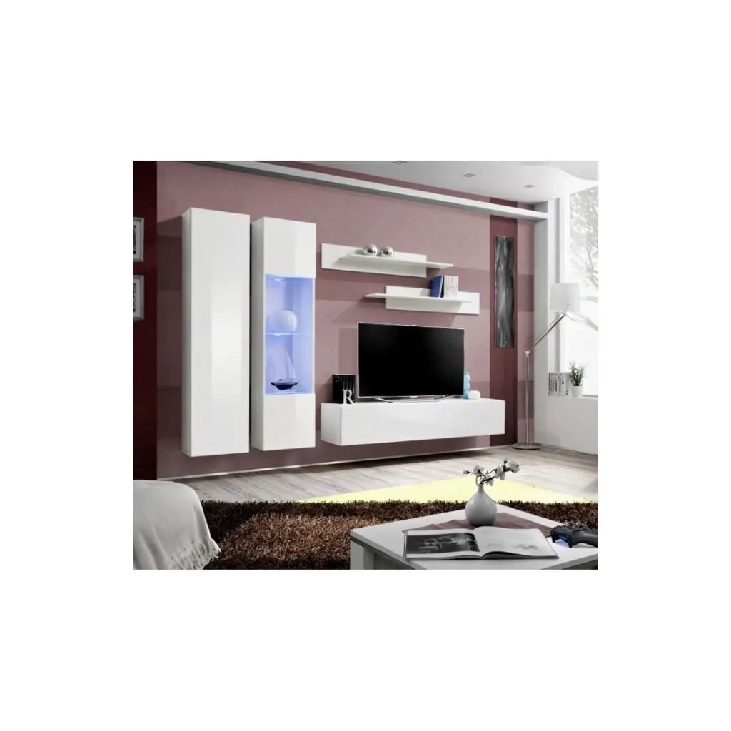 Mobile TV FLY A5 design, colore bianco lucido + LED. Mobile sospeso moderno e di tendenza per il tuo soggiorno.