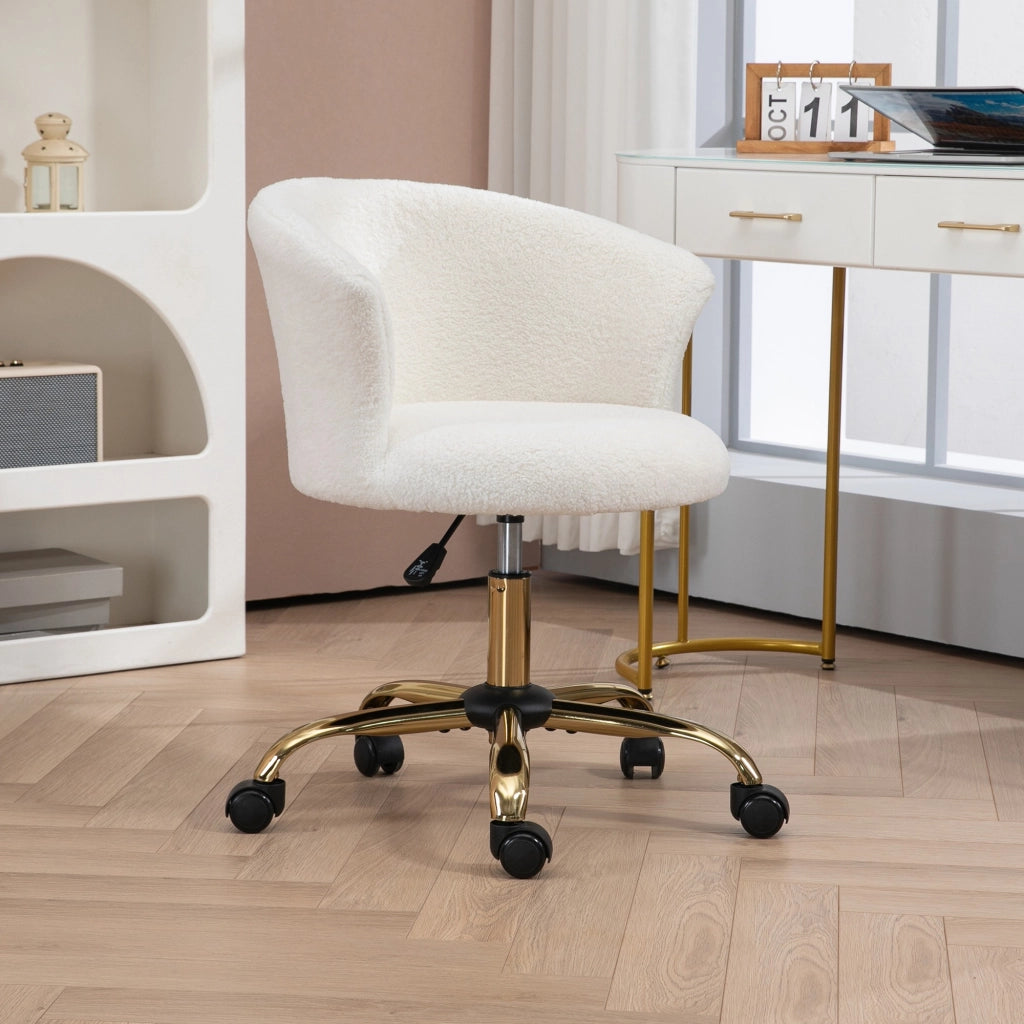 Sedia da Ufficio Regolabile in Altezza con Seduta Girevole e Rivestimento in Velluto Teddy. Bianco e Oro
