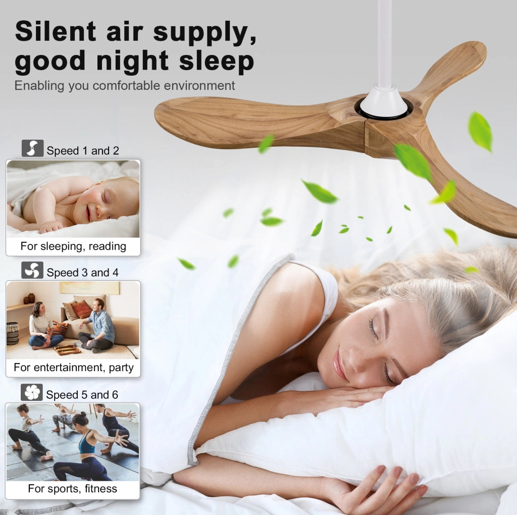 Ventilatore da soffitto in legno con telecomando; motore DC silenzioso; 6 velocità; bianco e naturale