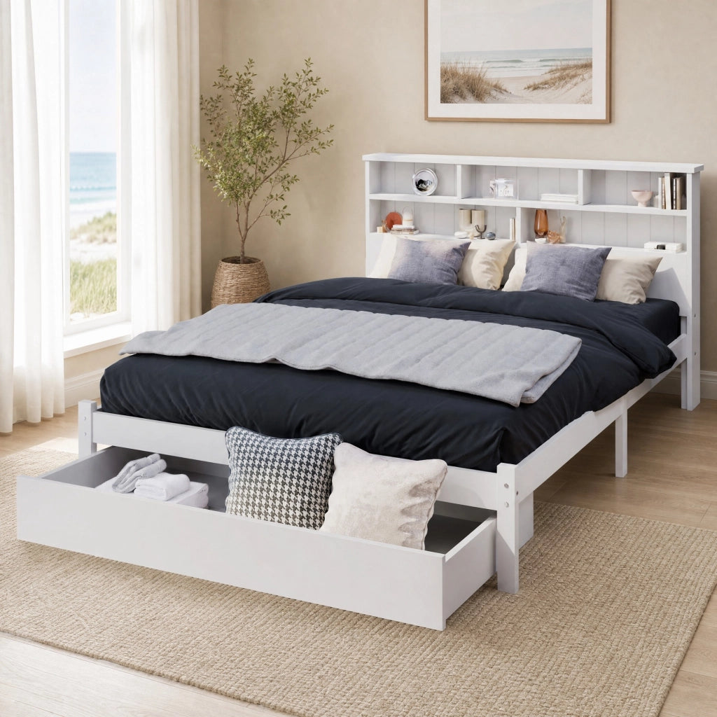 Letto singolo matrimoniale 140x200 cm con testiera a libreria; 2 cassetti; bianco