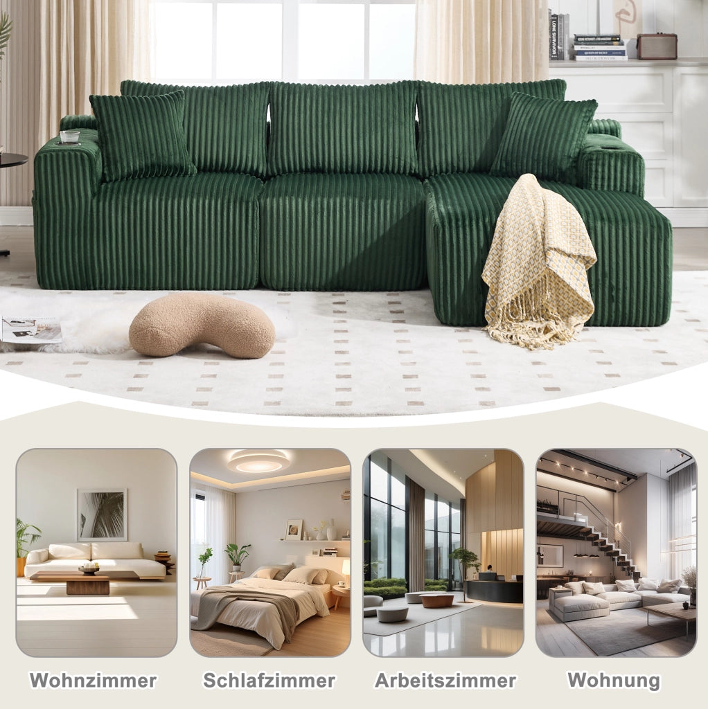 Divano modulare in velluto a coste verde smeraldo con chaise longue