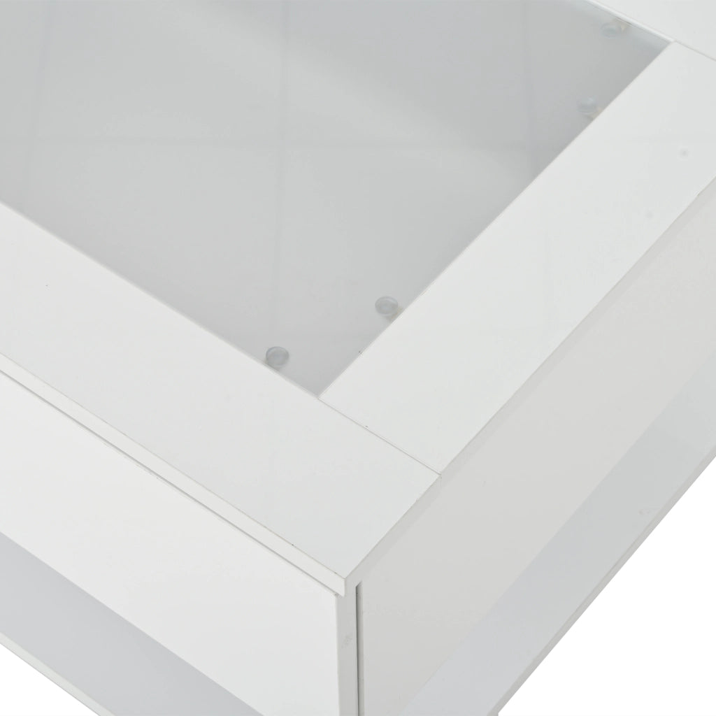 Tavolino basso con 2 cassetti piano in vetro temperato e LED da app in truciolare bianco 100 × 50 × 35 cm