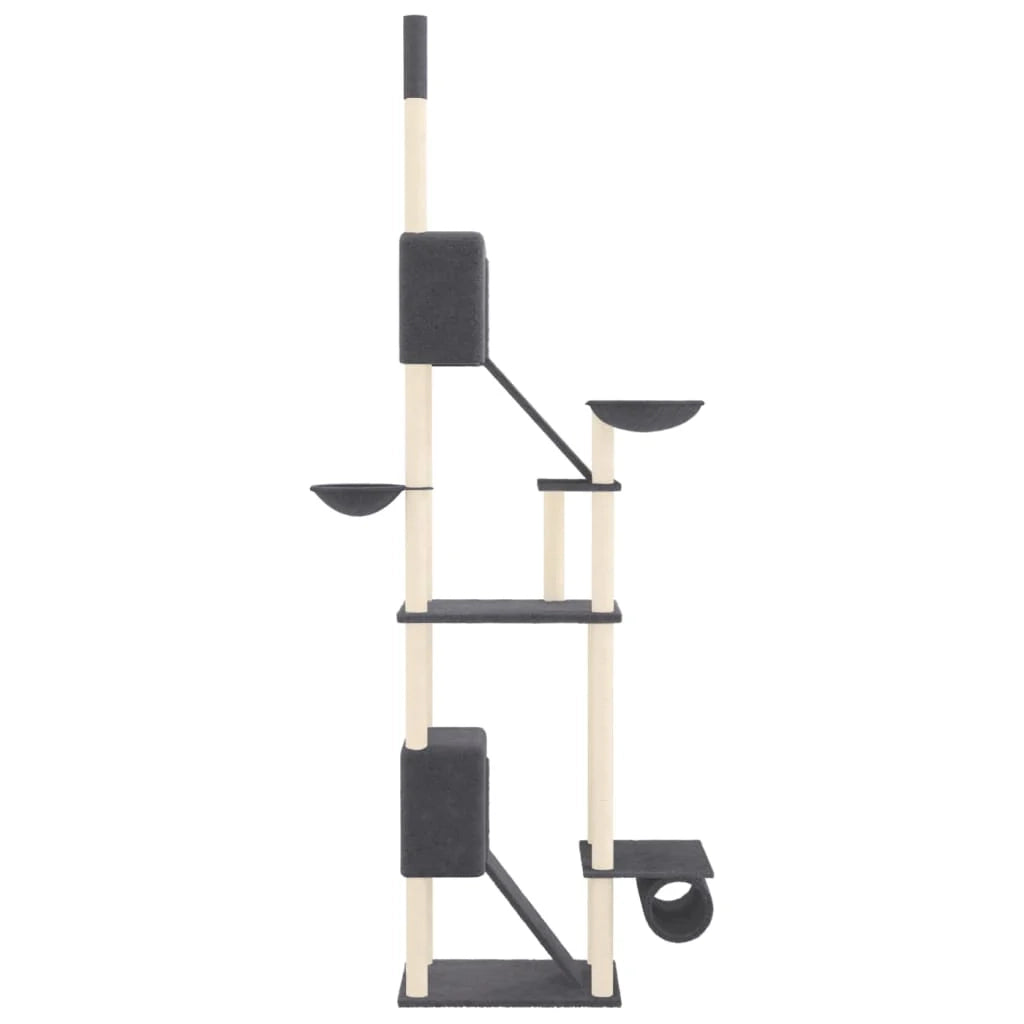 Tiragraffi per gatti mobile torre da arrampicata giocattolo tiragraffi piattaforma da arrampicata dal pavimento al soffitto scuro 277-303 cm grigio 02_0022762