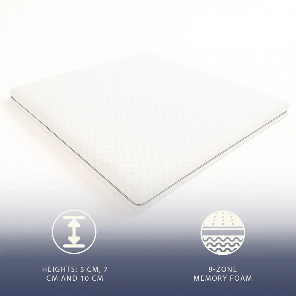 Topper 140x200 in Memory Foam a 9 Zone Differenziate | Alto 7 cm | Rivestimento Sfoderabile in Tessuto Pure Anallergico | Made in Italy