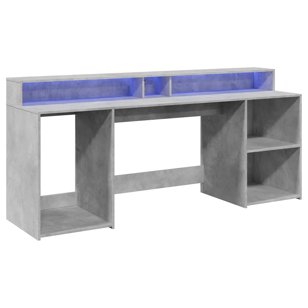 Scrivania | Tavolo da Ufficio con Luci LED Grigio Cemento 200x55x91 cm Truciolato