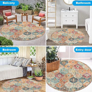 Tappeto Vintage Boho Rond - Lavabile, Bassopoli, Antiscivolo - Per Cucina Camera da Letto Interno e Esterno - Disegno Mandala Moderno - Arancione Diametro 80 cm