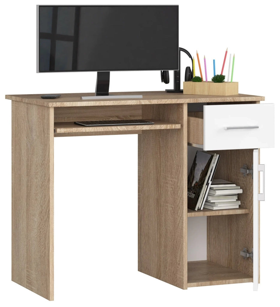Scrivania AKORD PIN Sonoma Quercia 90 cm 1 anta 1 cassetto inserto frontale Bianco 90x50x74 cm