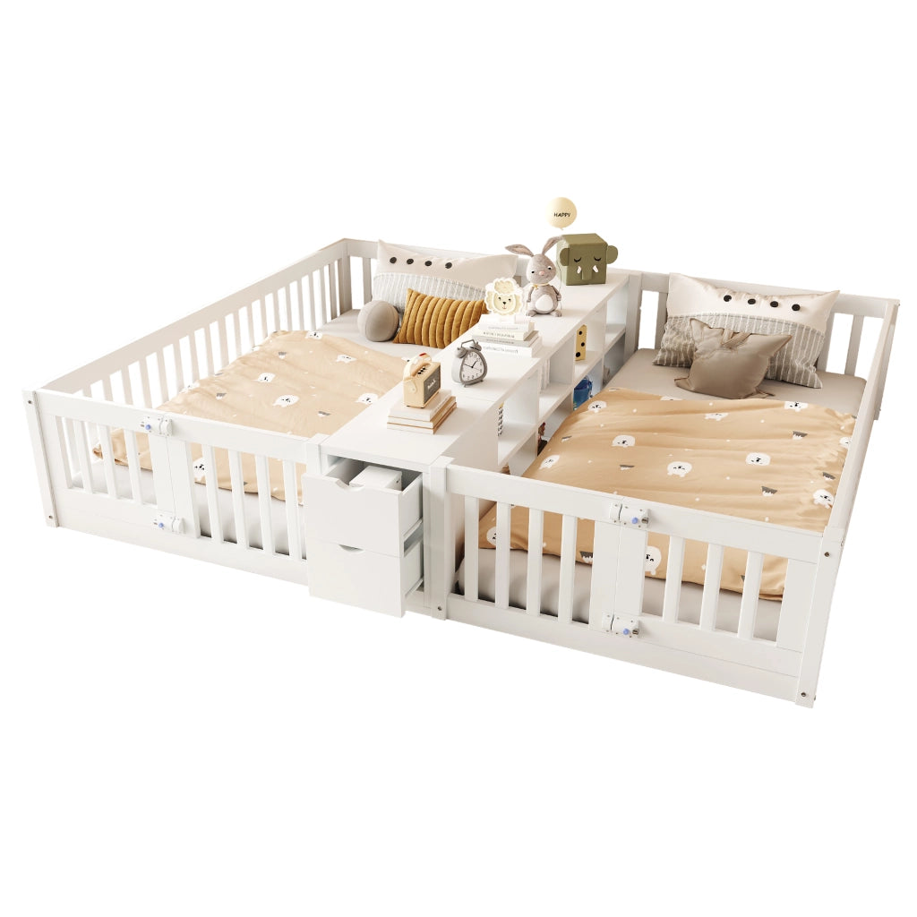 Letto a castello bambini 90×200 cm con scaffale; 2 cassetti e sbarre di sicurezza; senza materasso; legno; bianco