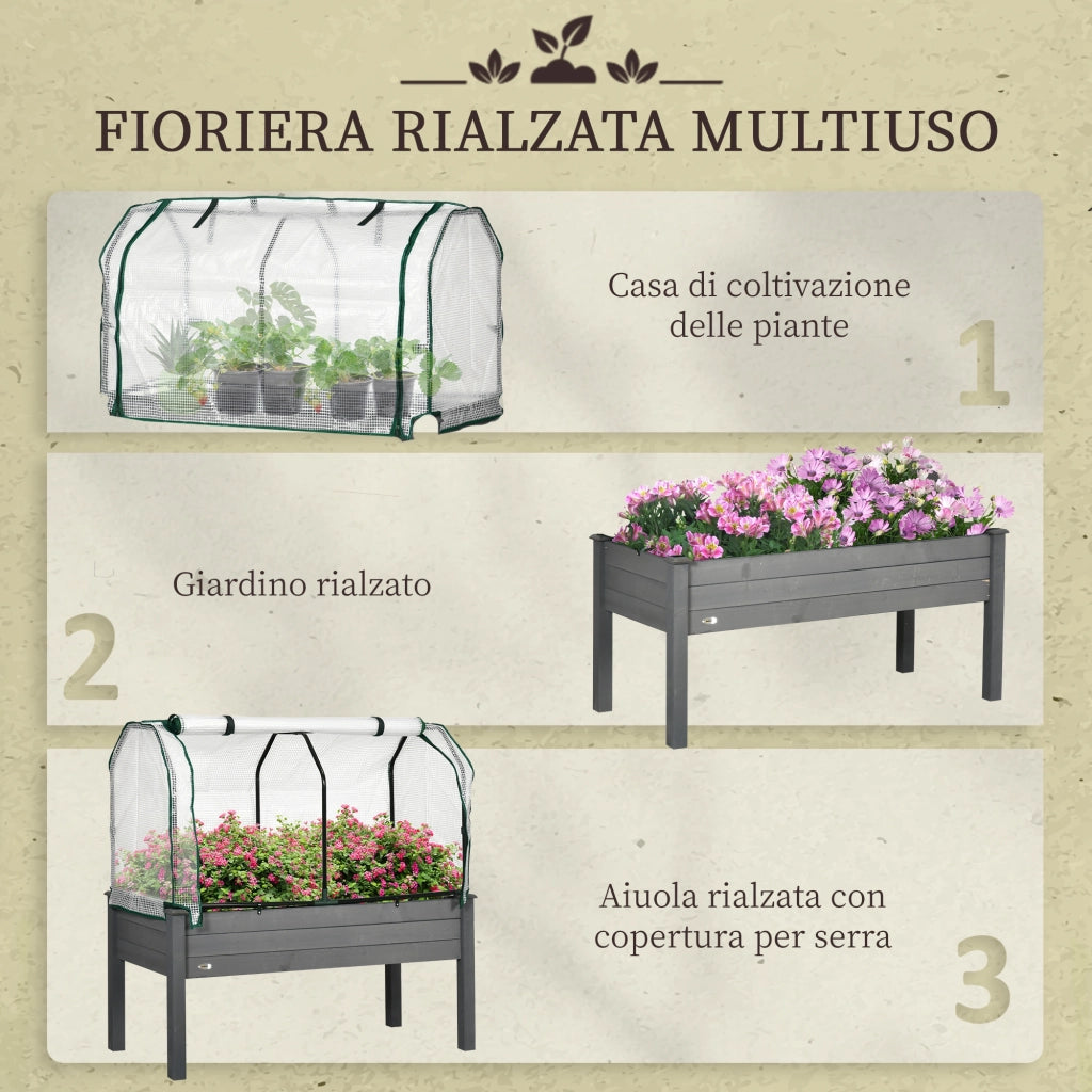 Letto per Orto con Serra da Giardino, Portapiante da Esterno in Legno e PE, 121x55x117 cm, Grigio Scuro