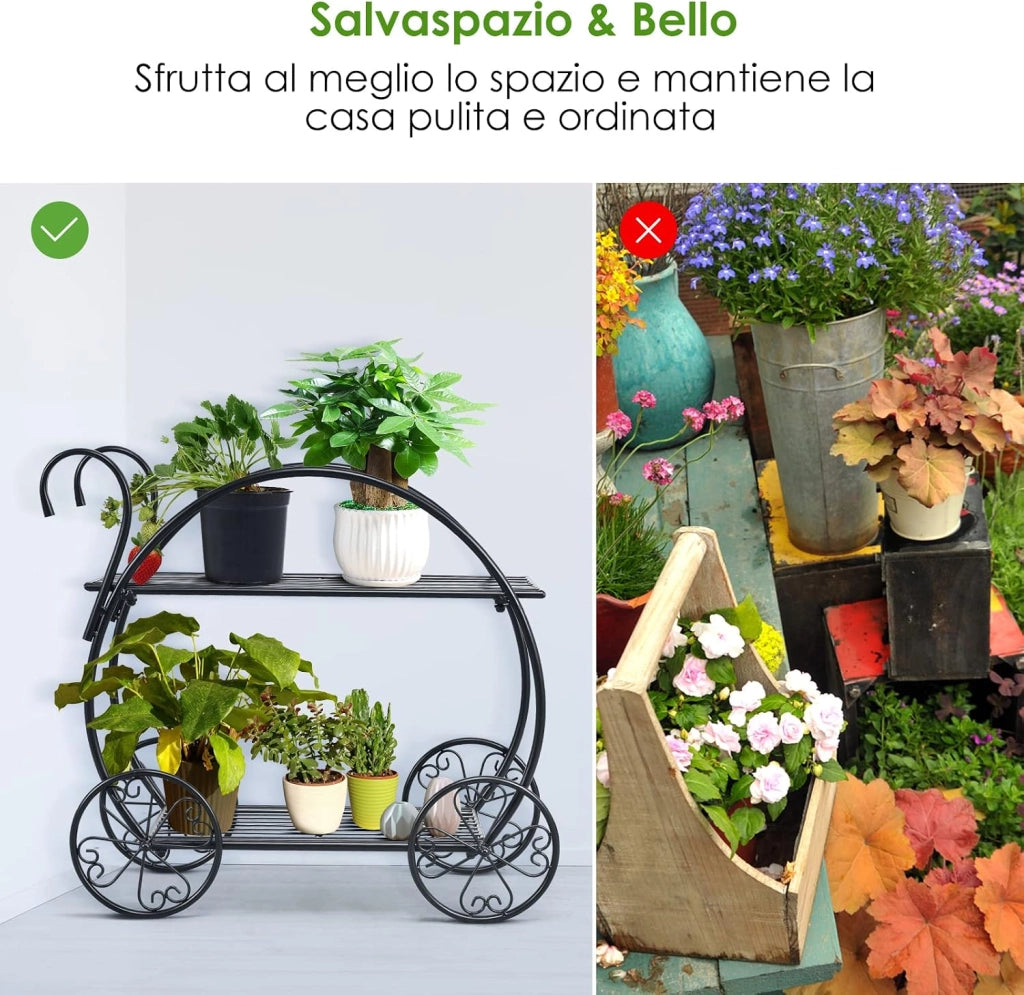 Scaffale per Piante in Metallo, Scaffale Portavasi a 2 Livelli con 4 Ruote, Porta Fiori da Interno ed Esterno per Soggiorno, Giardino e Balcone