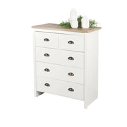 Comò con 5 cassetti design coloniale – 80x39,5xH97,5 cm, colore bianco con piano in rovere chiaro – Collezione MADERA