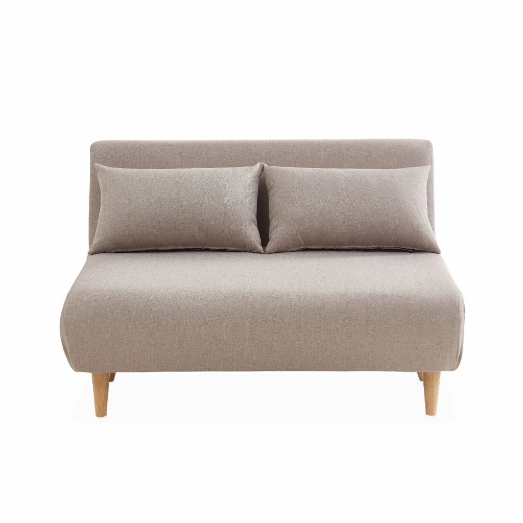 Divano letto in tessuto con gambe in legno, 2 posti, beige