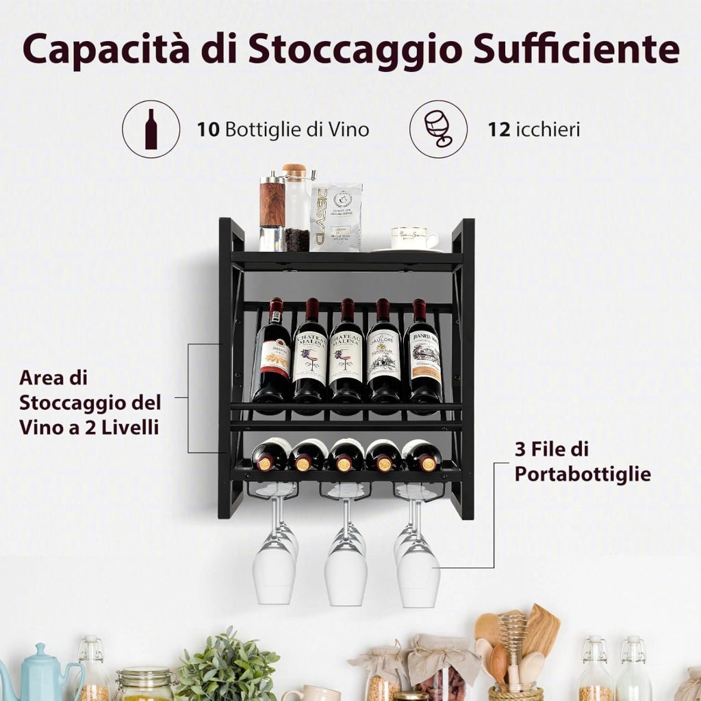 Portabottiglie da Parete, Scaffale Espositivo per Vino Industriale con Portabottiglie a 2 Livelli per 10 Bottiglie, Portabottiglie da Parete Salvaspazio per Cucina, Soggiorno, Sala da Pranzo