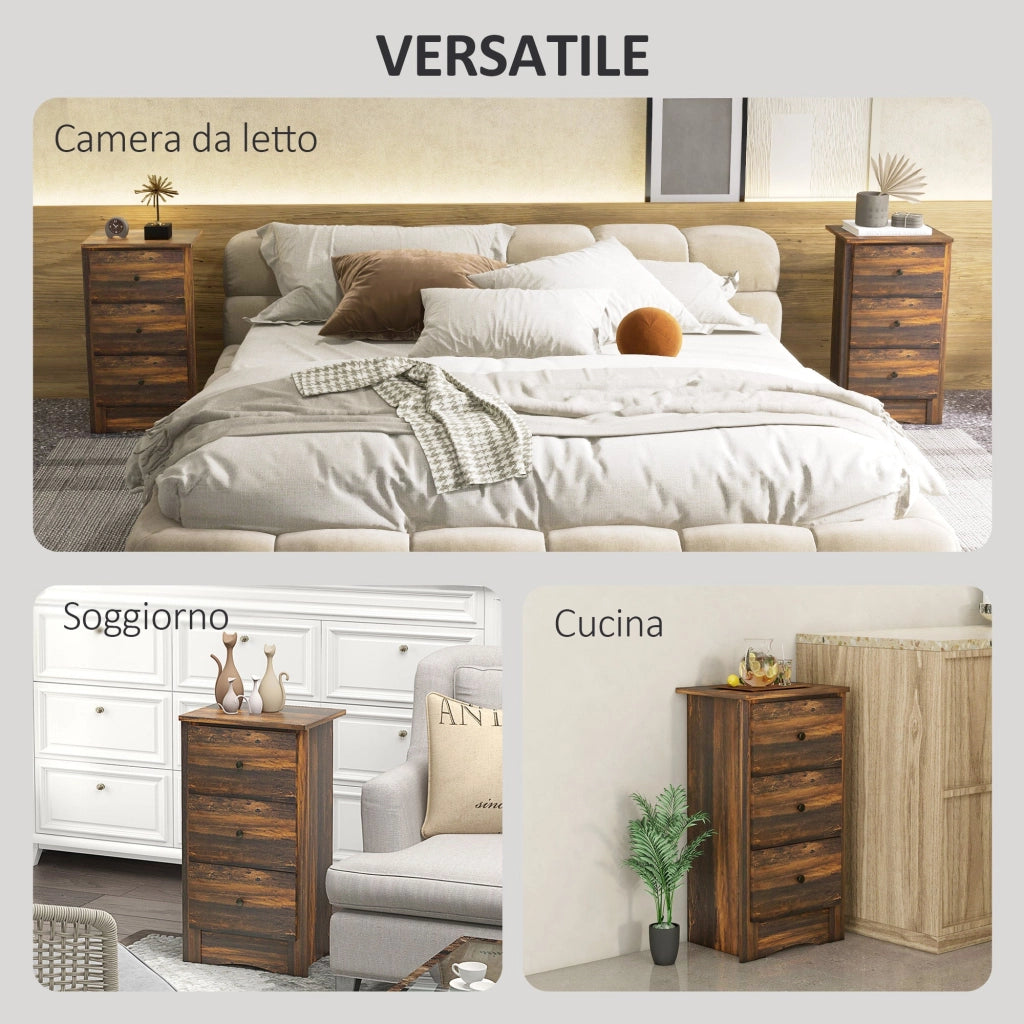Comodino 3 Cassetti Stile Rustico 40x30x74 cm Marrone