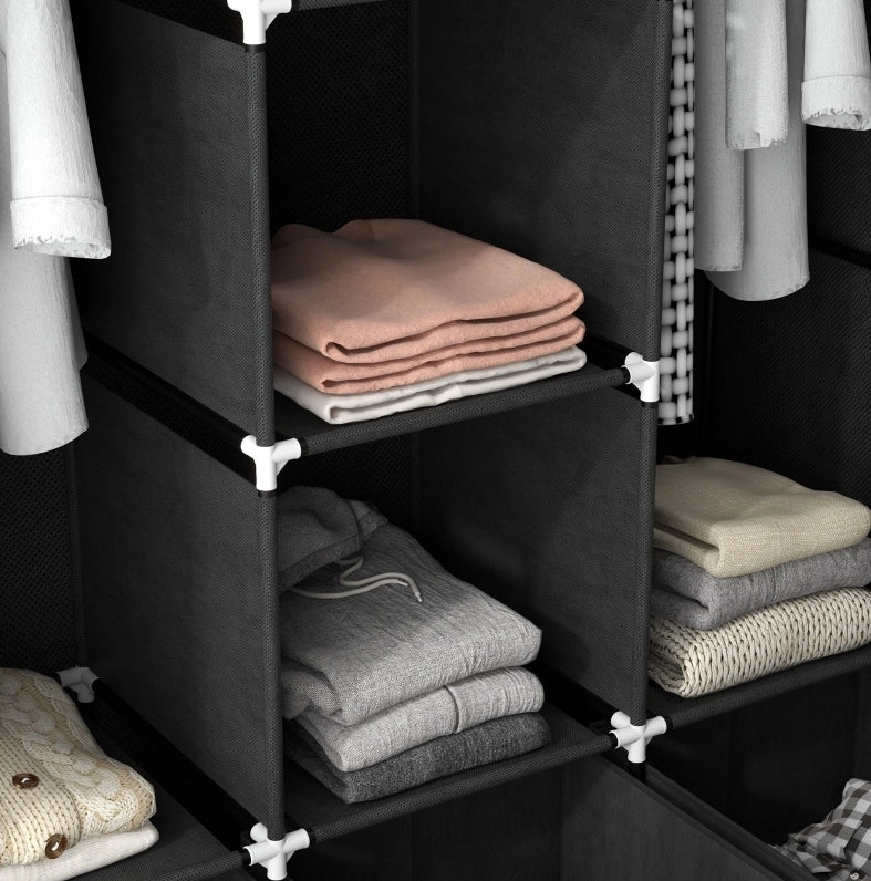 Armadio in tessuto nero 125 x 43 x 162,5 cm con 3 cassetti e 2 appendiabiti