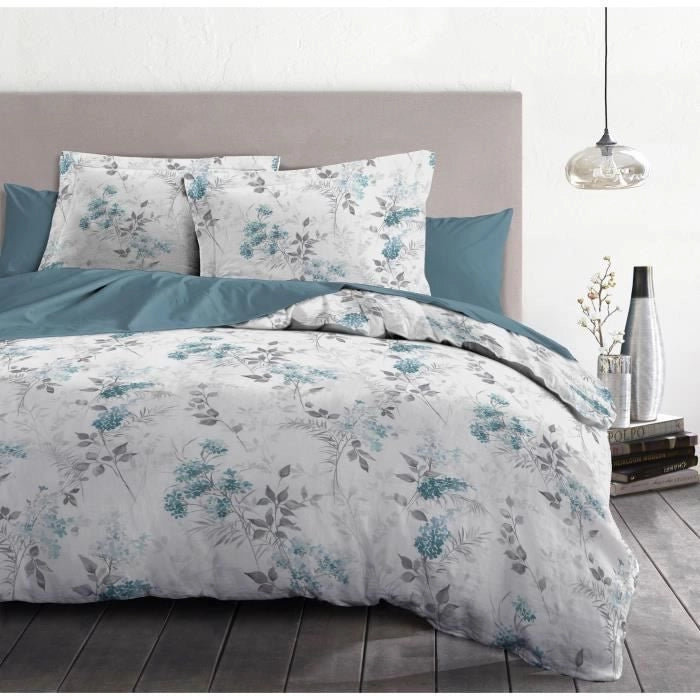 Completo copripiumino 240x260 cm HOME LINGE PASSION POMPADOUR: Copripiumino + 2 federe - 100% Cotone 57 Fili - Bianco/blu