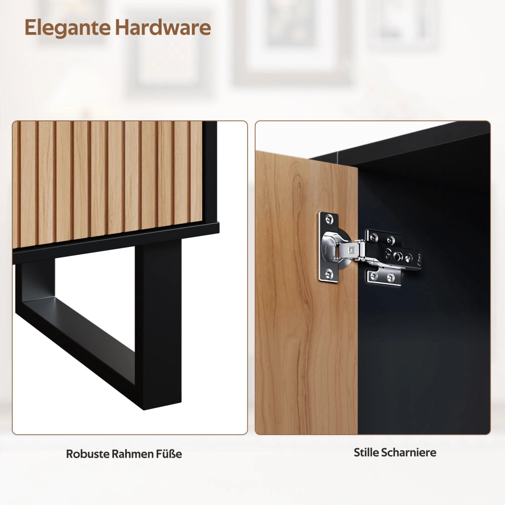 Mobile porta TV moderno con ante effetto legno e frontali a rilievo, nero e naturale 160 × 38 × 75 cm