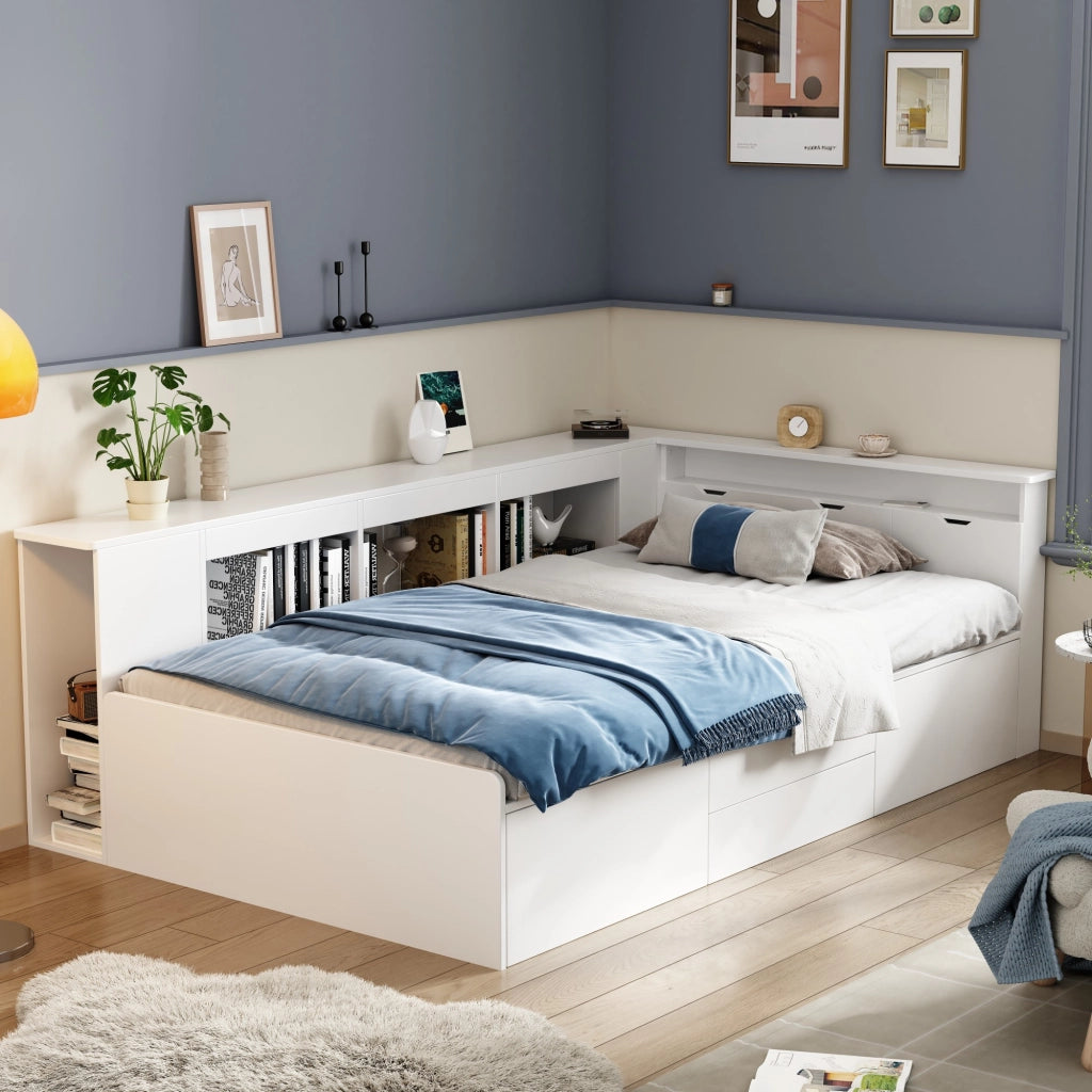 Letto per Bambini 90x200 cm - 4 Cassetti; Libreria; Contenitori in MDF - Bianco