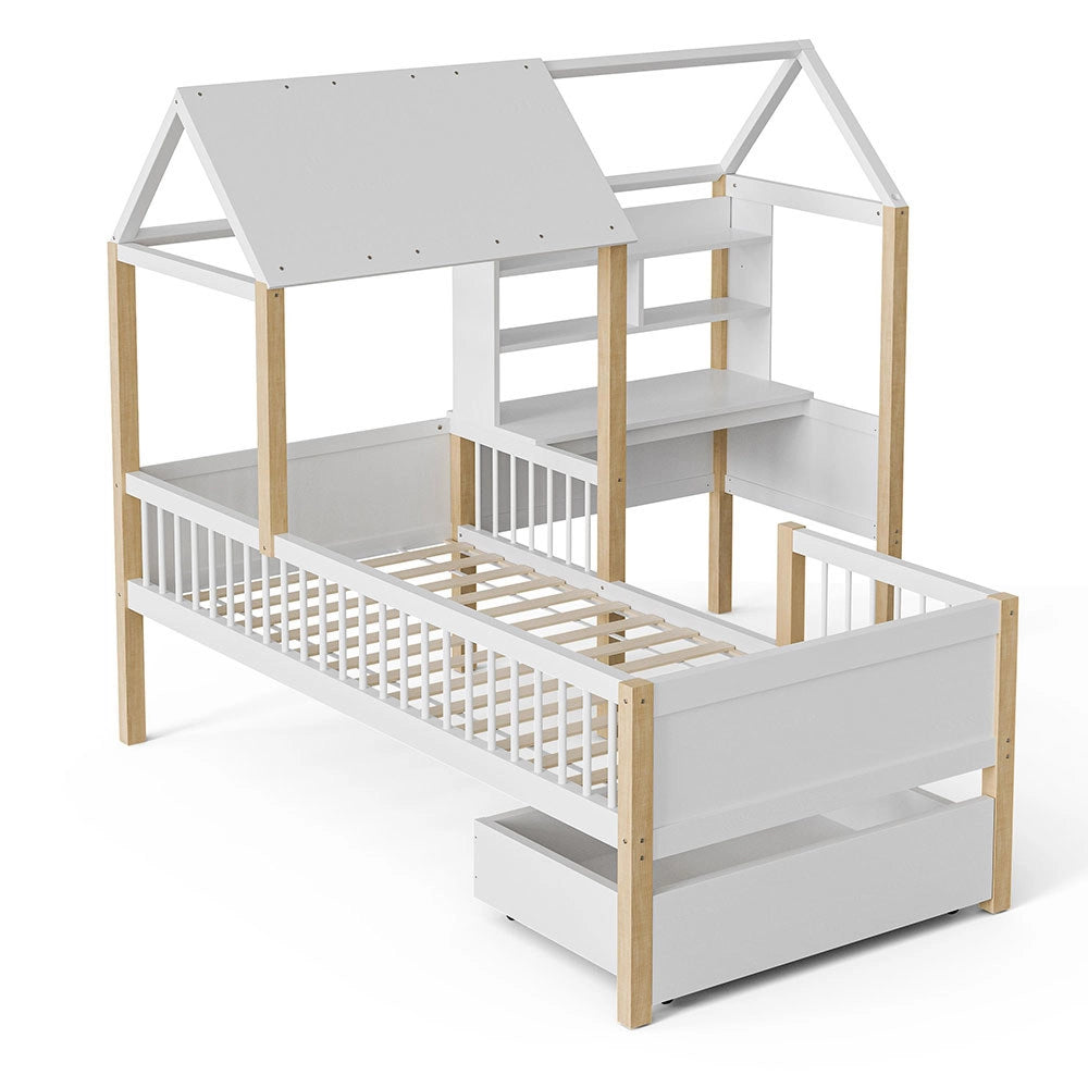 Letto bambino 90x200cm - Xylo - bianco, scrivania L, cassetti, sicuro