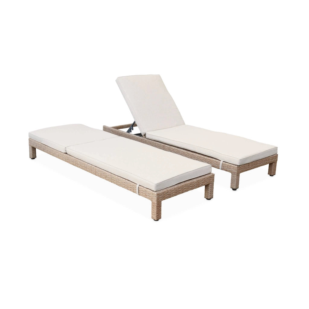 Set 2 lettini prendisole in resina intrecciata, marrone naturale