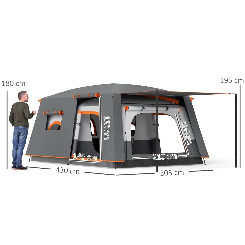 Tenda da Campeggio Impermeabile e UPF 30+ 430x305x195 cm per 4-6 Persone con 2 Stanze Grigio