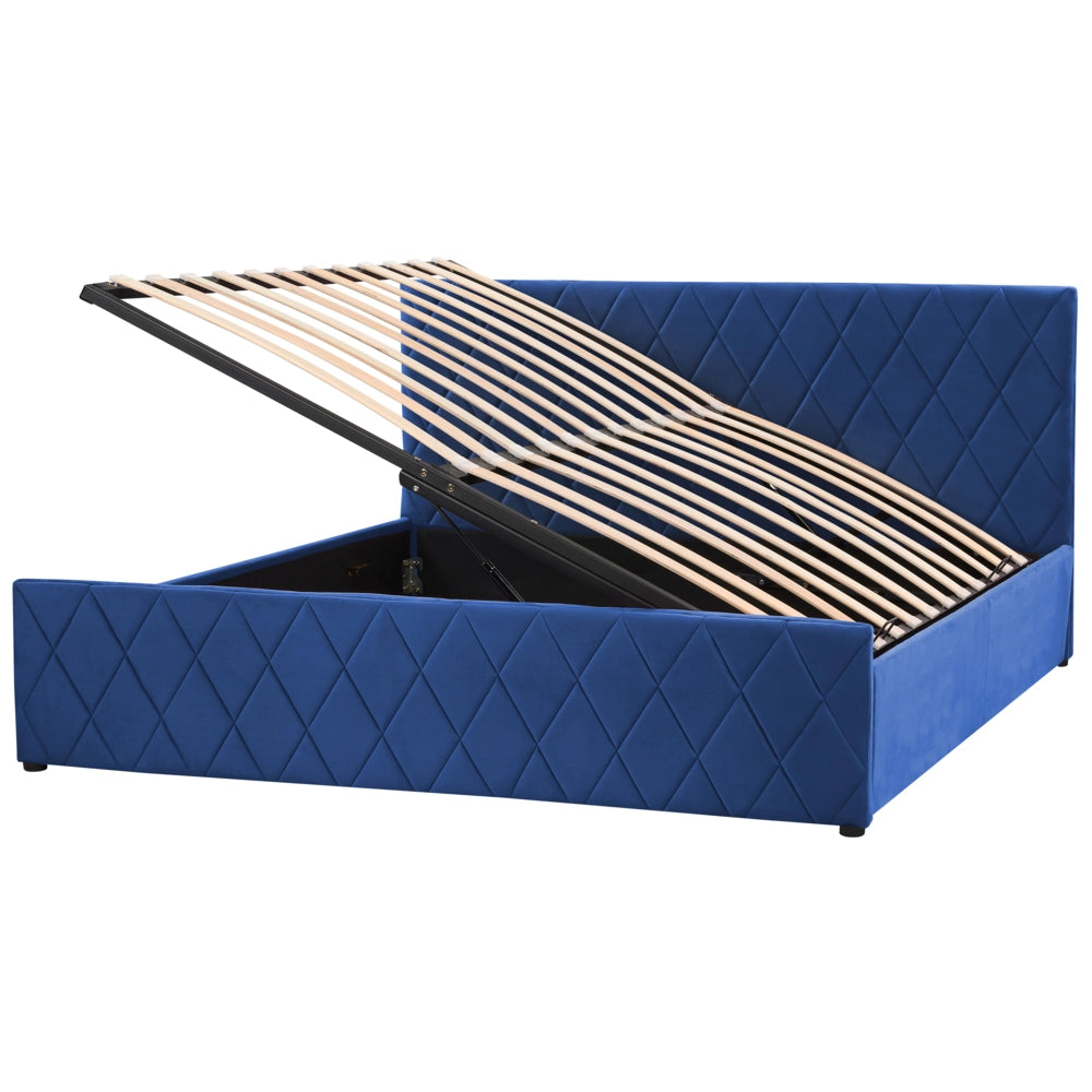 Letto contenitore Rivestimento in velluto blu 180 x 200 cm con testiera trapuntata a rombi con base a doghe