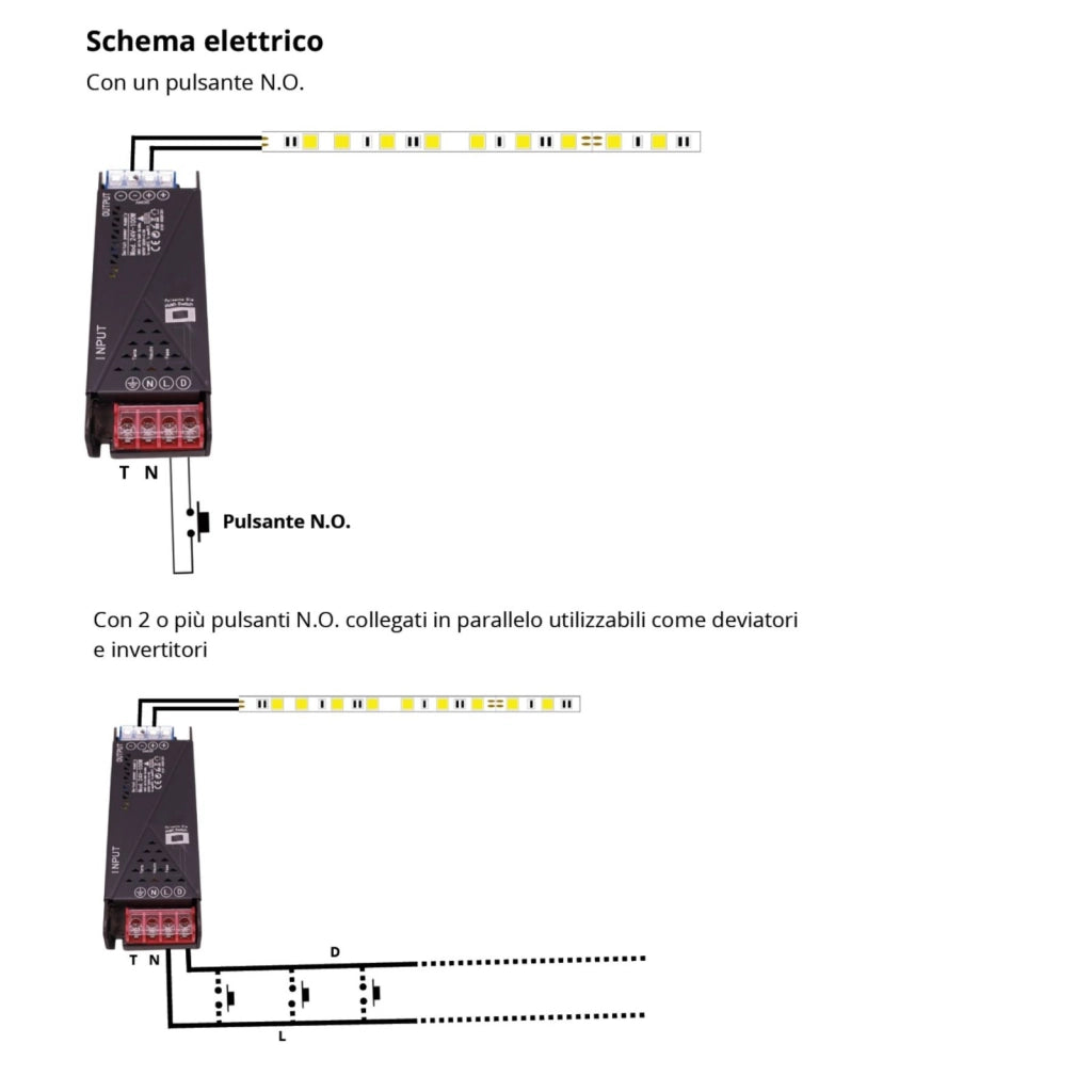 Alimentatore Trasformatore 24V Push Dimmer, Dimmerabile Con Pulsante NO (10-100%), Memoria Dopo Blackout, Spegnimento Soft, 2 Uscite, Input 220V IP20, Disponibili 100W 200W 300W 400W (200W)