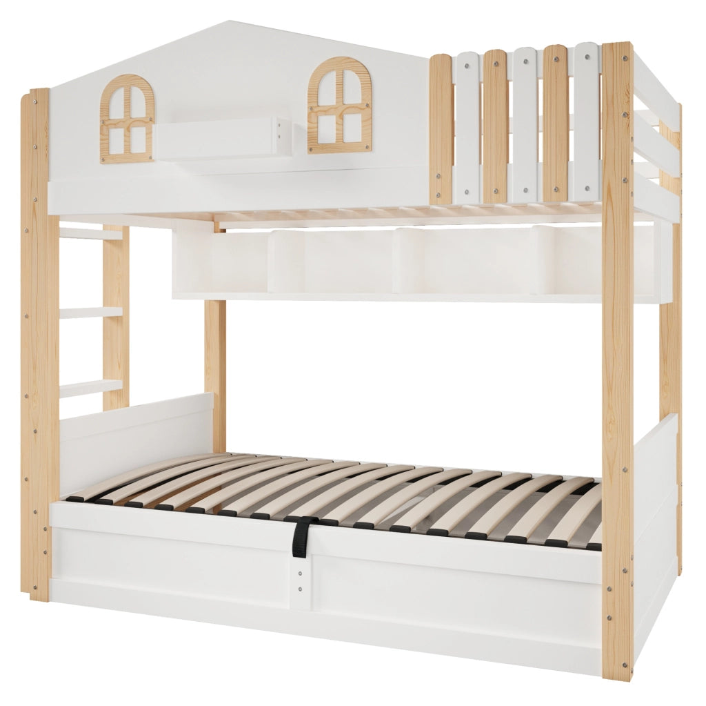 Letto a castello 213.5x103.5x162 cm con contenitore idraulico; LED; legno; bianco e naturale