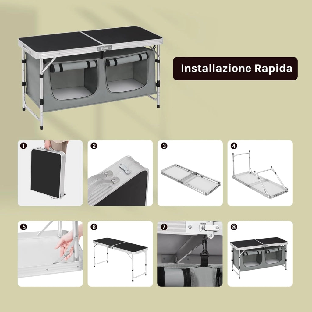 Tavolo da Picnic Pieghevole, Mobile Cucina da Campeggio, Esterno, in MDF e alluminio con 2 Scomparti Regolabili in Altezza, 120 x 47 x 62/69.5 cm