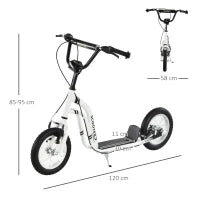 Monopattino con Manubrio Regolabile, Ruote Grandi, 2 Freni e Telaio in Metallo, per Bambini 5+ Anni, Max 100kg, 120x58x85-95cm, Bianco