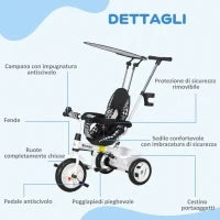 Triciclo per Bambini con Maniglione di Spinta, Tettuccio, Barra di Sicurezza e Box, 105x47x89 cm, Bianco e Nero