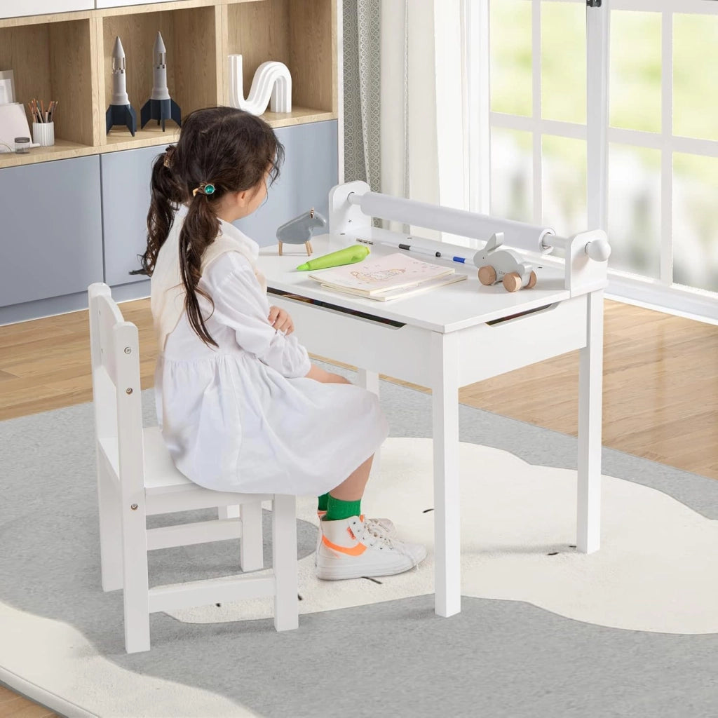 Set Tavolo e Sedia d’Arte per Bambini 3+ Anni, Scrivania in Legno di Pino da Disegno con Portarotolo, Piano Ribaltabile & Vano Portaoggetti, Rotolo di Carta 10m e 2 Pennarelli (Bianco)