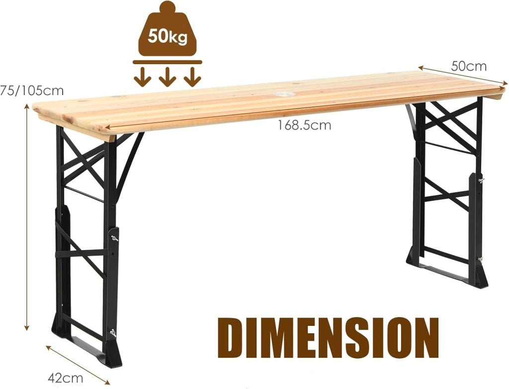 Tavolo da birra da esterno, regolabile in altezza da 75 cm a 105 cm, tavolo da bar da giardino pieghevole, tavolo da picnic con foro per ombrellone, 168,5 x 50 cm (lunghezza x larghezza)