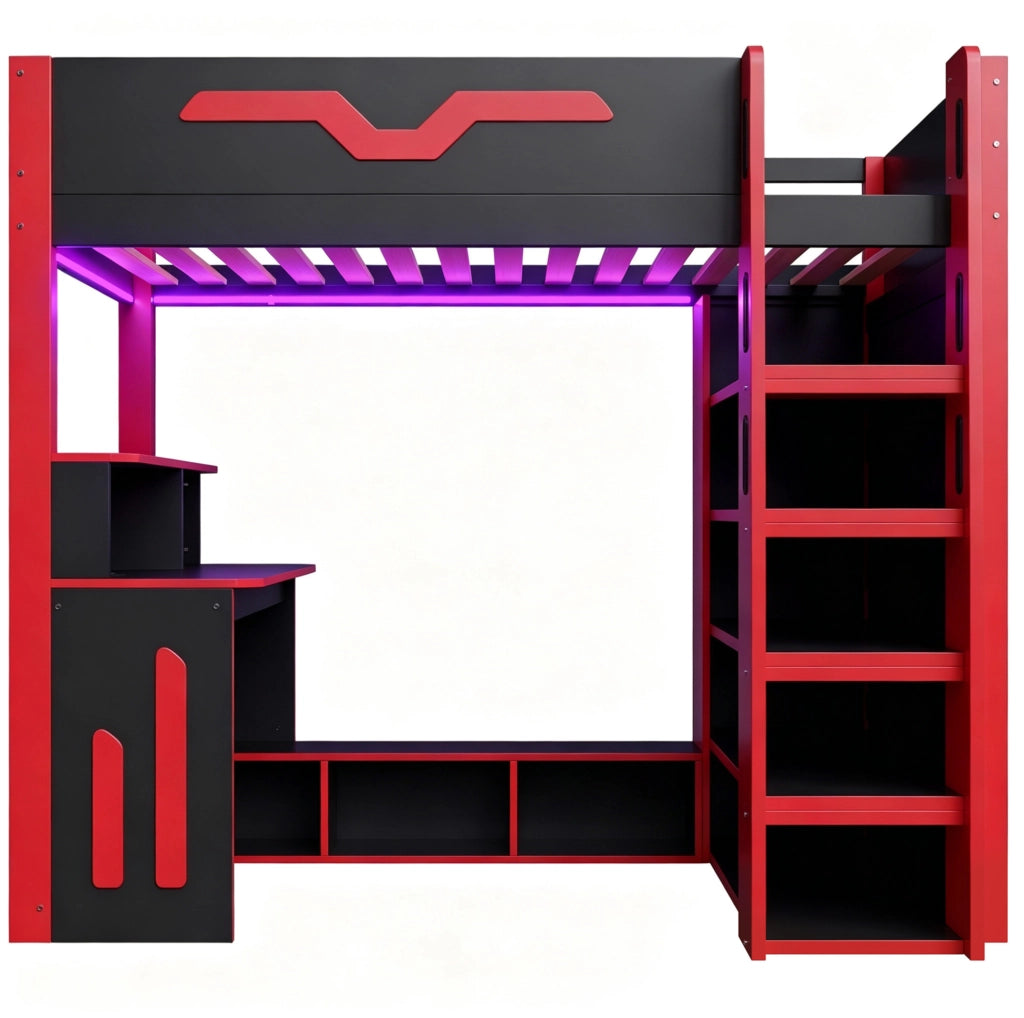 Letto a soppalco 90x200 cm con scrivania; LED; scaffalatura e vano contenitore; nero e rosso