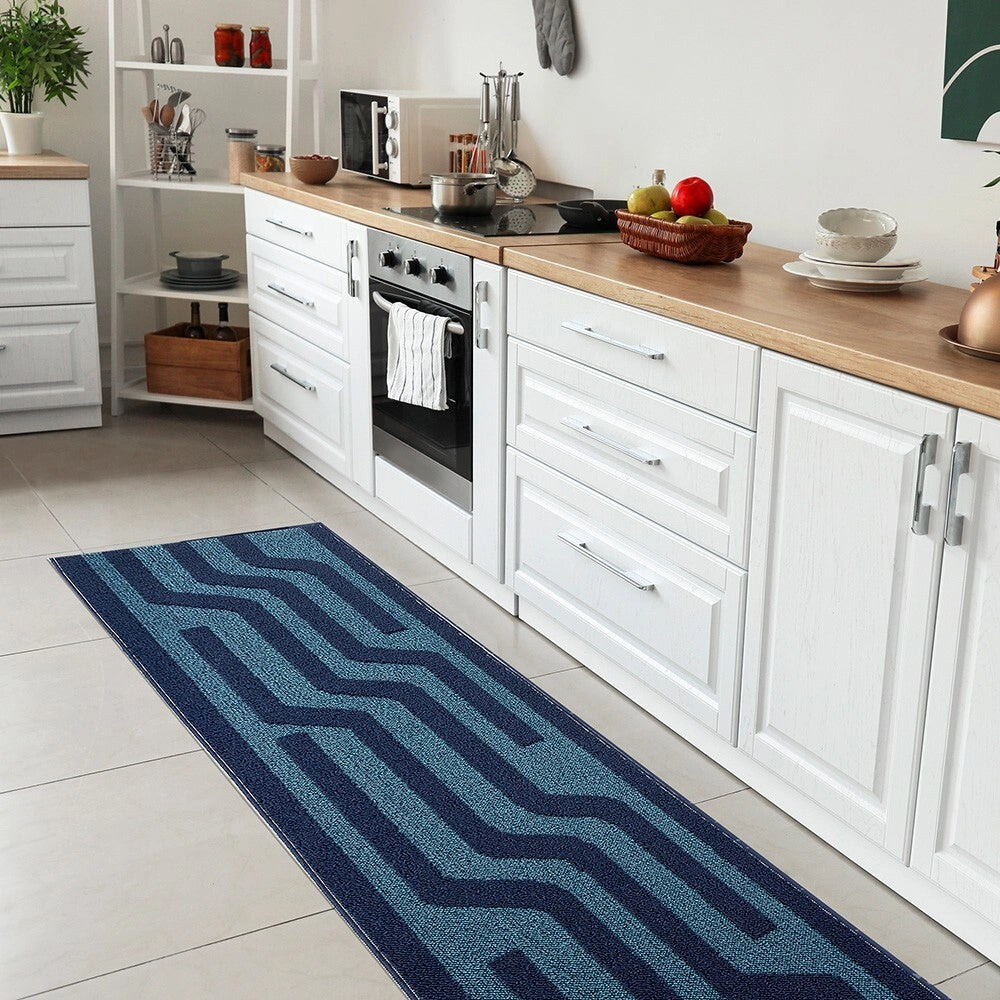 Tappeto Cucina A Righe 57x115 Cm 3D Morbido Bordato Passatoia Ingresso Assorbente Antiscivolo Blu